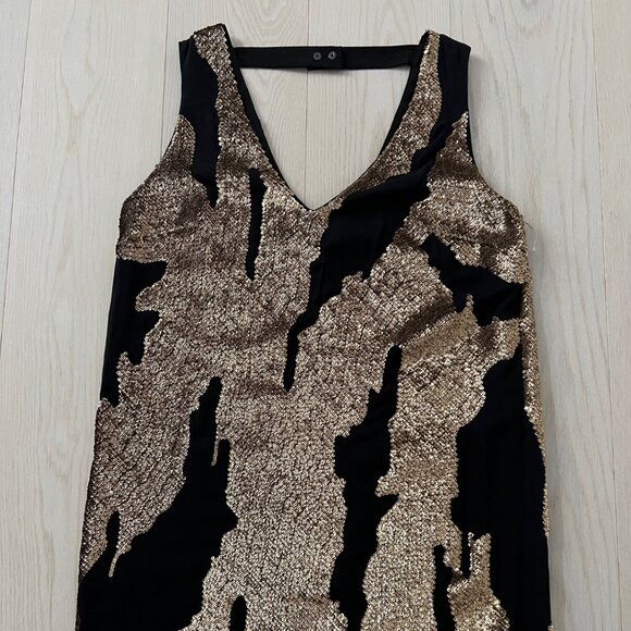 $595 ROBERT RODRIGUEZ Gold Sequin Black MINI SILK Cocktail DRESS ( 2 ) - Picture 2 of 6